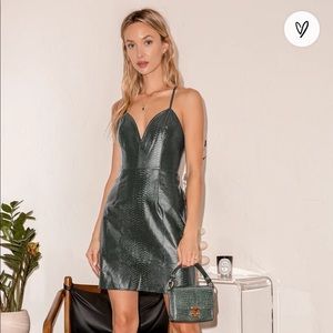 Dark Green Vegan Leather Snake Embossed Mini Dress